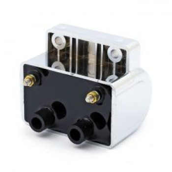 Late OEM style ignition coil. 12v, 5 ohm. Chrome